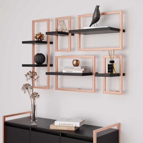 Prateleira Nicho de Parede Madeira 6b Industrial Pleno Móveis Branco/cobre