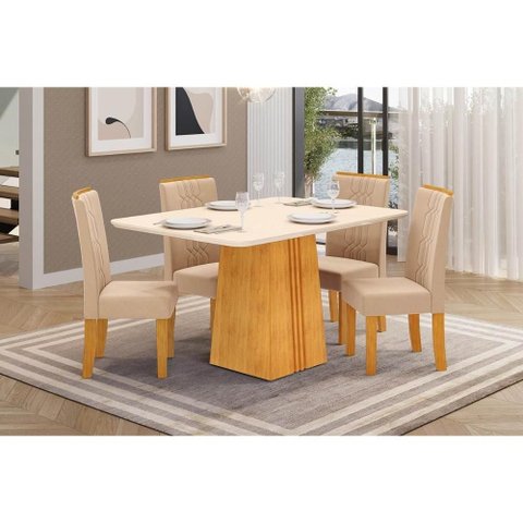 Conjunto: Mesa Sala Jantar Italia C/ Tampo Madeirado C/ Vidro 120x90cm e 4 Cadeiras Zoe Cedro/off
