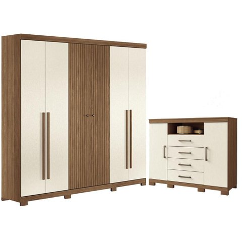 Guarda Roupa Ripado 6 Portas Buriti com Pés e Cômoda Havana Master com Pés Jatobá Areia - Santos And