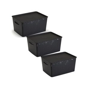 Kit 3 Caixas Organizadoras C/ Tampa Grande 15 L Rattan Preta