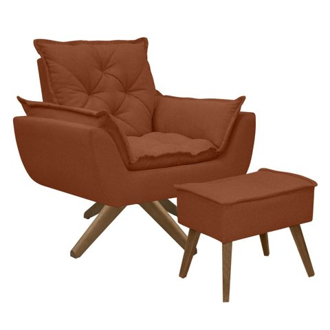 Kit Poltrona e Puff Opala com Base em Madeira Tecido Boucle - Terracota