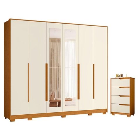 Guarda Roupa Casal Mercure com Espelho 6 Portas e Cômoda Sole 04 Gavetas Flex Cinamomo Off White -