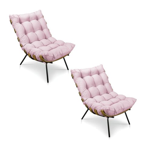 Kit 2 Poltronas Costela Suede Rosa Bebê
