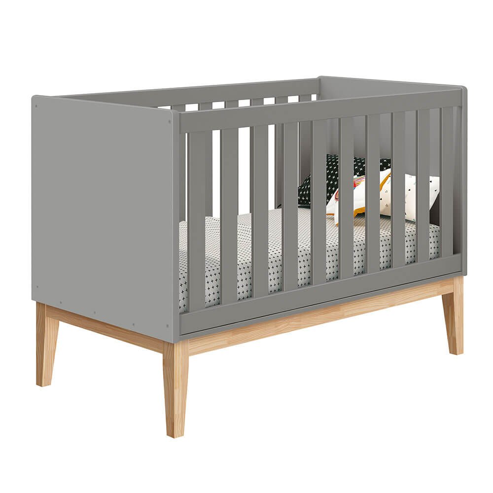 Berço Mini Cama Noah Square com Pés em Madeira Natural – Cinza Fosco - 1