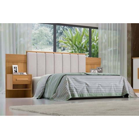 Cabeceira para Cama Queen Size Ripada Irís Estofada com 2 Mesas de Cabeceira D Doro Cinamomo/ripado