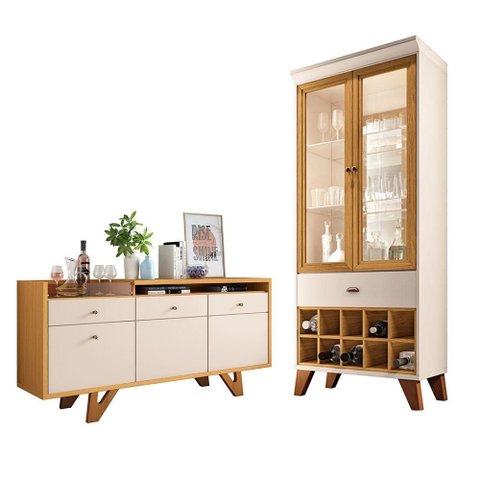Conjunto Decorativo Cristaleira e Buffet Aparador Andorra-Noeli 2 Portas MDF-MDP Off White Gran Belo