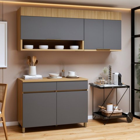 Cozinha Completa Modulada 3 Peças 5 Portas 2 Gavetas 100% MDF Realeza Premium Cinza/Carvalho/Titânio