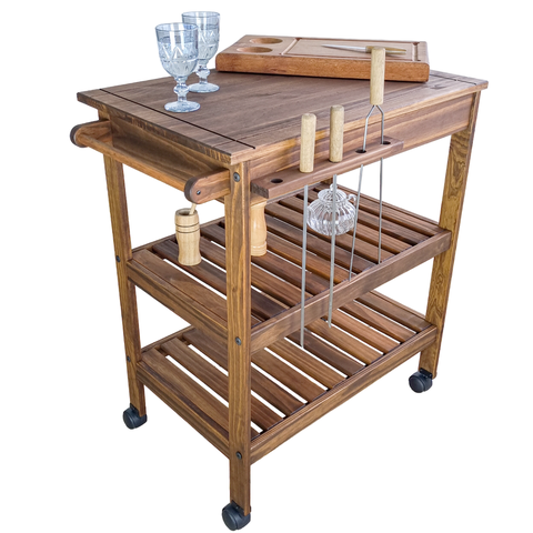 Carrinho Gourmet Mesa Churrasco Churrasqueira Madeira Maciça Pinus Multiuso Auxiliar Vintage Retro