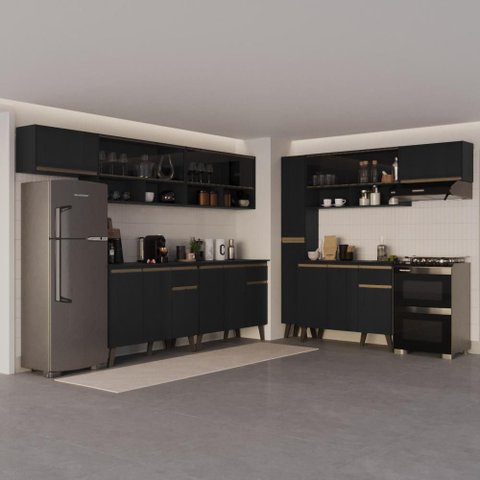 Armário de Cozinha Completa Atlanta Move com Vidro Carraro Preto Touch