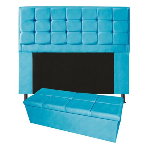Kit Cabeceira + Calçadeira Baú Copenhague King Size 195cm Suede:azul Turquesa