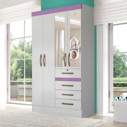 Guarda Roupa Infantil com Espelho 4 Portas 4 Gavetas Branco Lilás Flex Sarah Shop Jm - 1