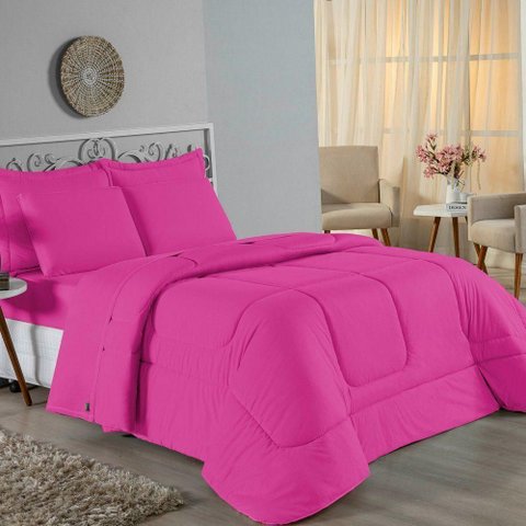 Kit Edredom Dupla Face + Jogo de Lençol Casal Nobre 6 Peças Malha 100% Algodão - Pink