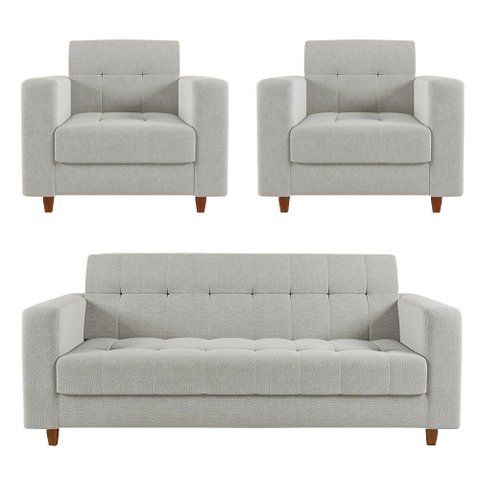 Kit Sofá 03 Lugares e 02 Poltronas Arezzo Linho Cinza Claro