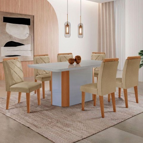 Mesa Isadora 180cm MDF Vidro e 6 Cadeiras Melissa Turim 07/Off/Naturale/Serig. Off com Vidro