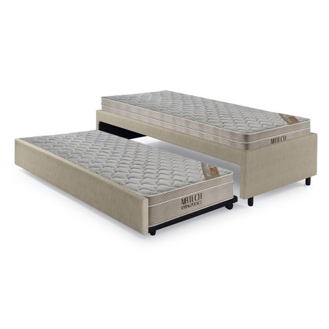 Bicama Box Solteiro Courino Linho Bege Areia 88x188 com Dois Colchões Airtech Molas Ensacadas