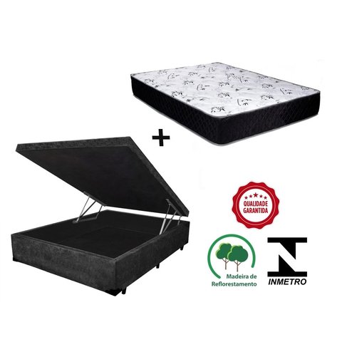 Cama Box Baú Casal Suede Preto + Colchão Casal Espuma D23 Com EPS 20x138x188