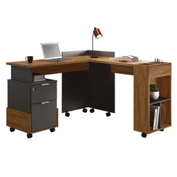 Mesa em L Para Escritório 2 Gavetas Office Alessa Amêndoa/Grafite - Lukaliam Móveis - 1