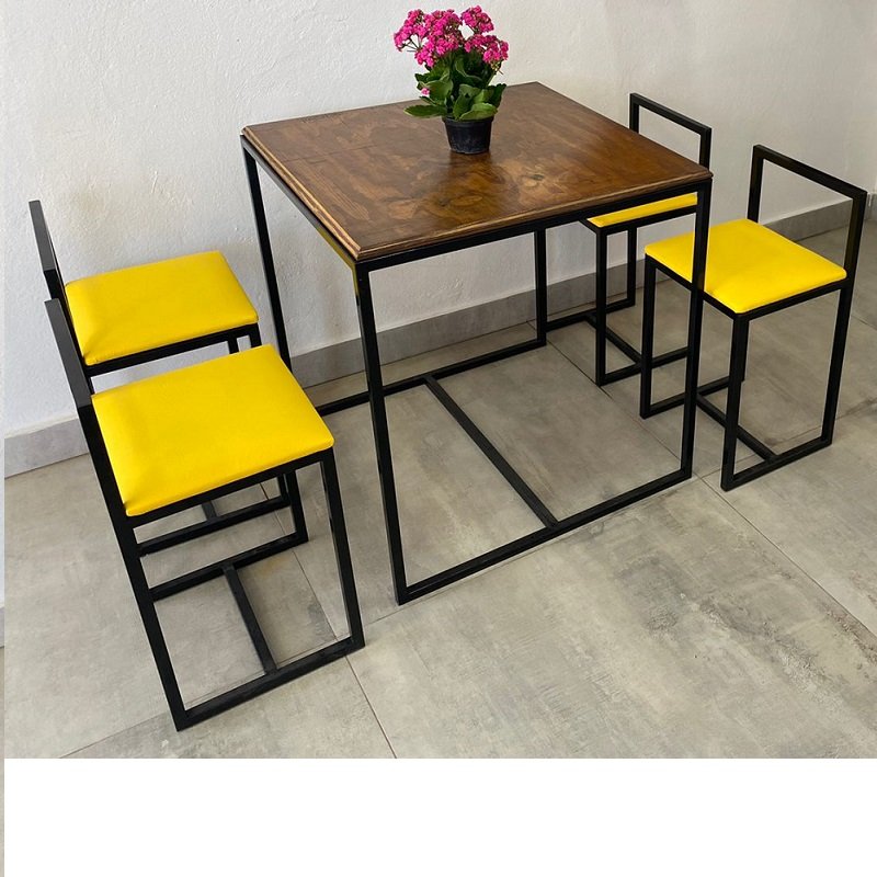 Conjunto Mesa 4 Cadeiras Pequena Estofado Amarelo Industrial Wood Box - 1