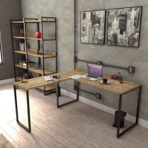 Kit 3 Peças com Mesa para Escritório em L Kuadra e 2 Estantes Multiuso 5 Prateleiras