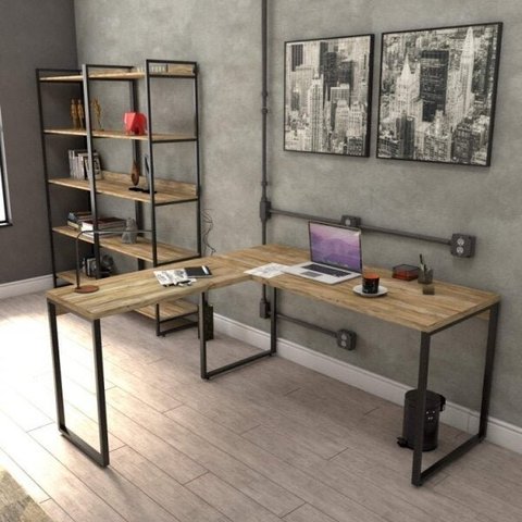 Conjunto 3 Peças com Mesa para Escritório em L Kuadra e 2 Estantes Multiuso 5 Prateleiras Industrial preta