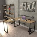 Ver imagem 1 de Conjunto 3 Peças com Mesa para Escritório em L Kuadra e 2 Estantes Multiuso 5 Prateleiras Industrial Preta Marrom