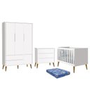 Ver imagem 1 de Dormitório Infantil Theo Retrô 3 Portas, Cômoda, Berço Branco com Pés Amadeirado e Colchão - Reller