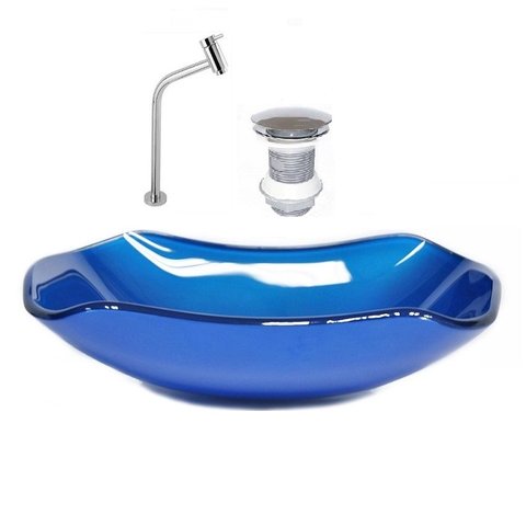 Cuba de Vidro Abaulada 51cm Azul Escuro + Valvula + Torneira
