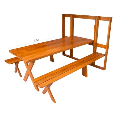 Conjunto Dobrável de Parede Para Churrasco 2,5m 2 Bancos Madeira Maciça Angelim