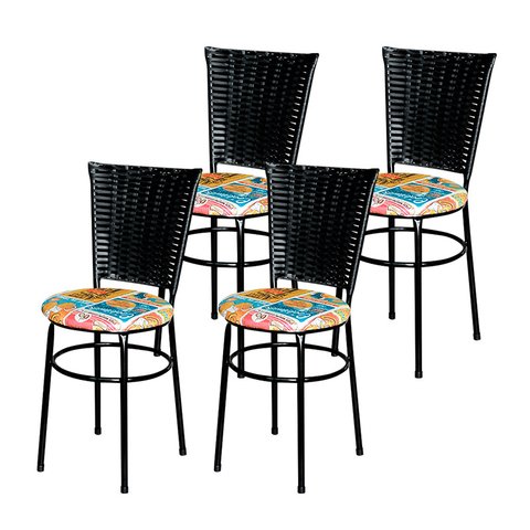 4 Cadeiras Preta para Mesa Hawai Preta Assento Floral:happy Hour