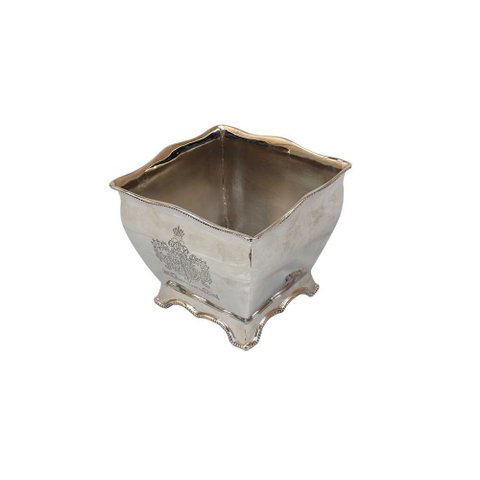 Cachepot Quadrado em Metal Niquelado Prata Trabalhado 14x14x12 cm
