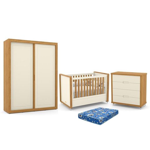 Dormitório Tutto New 2 Portas, Cômoda 4 Gavetas e Berço Off White/Freijó com Colchão - Matic Móveis