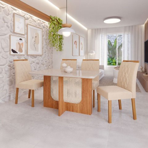 Sala de Jantar 4 Lugares Tampo de Vidro 130 cm Lagertha Cadeiras Madeira Maciça Cinamomo/Nude - Pano