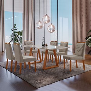 Conjunto Sala de Jantar Mesa Viena Madeira Maciça 160x90cm Tampo Retângular Vidro Off White com 6 Ca