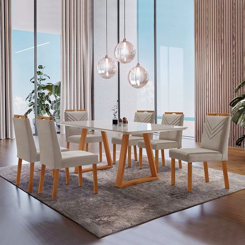Conjunto Sala de Jantar Mesa Viena Madeira Maciça 160x90cm Tampo Retângular Vidro Off White com 6 Ca