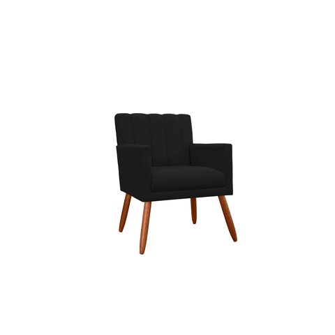 Poltrona Decorativa Cecília Couro Preto Pés Madeira Ms Decor
