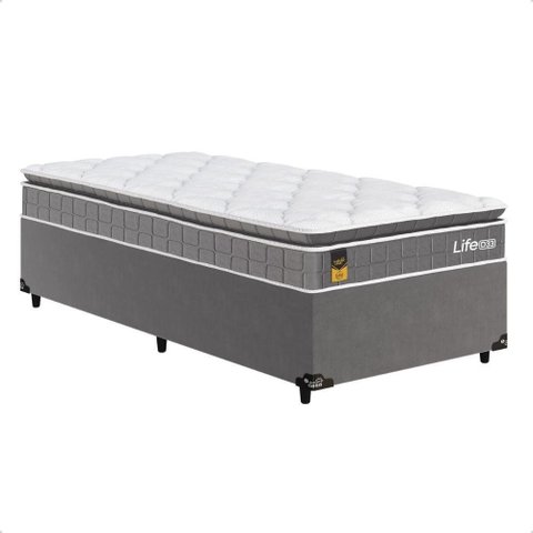 Cama Box Base Solteiro + Colchão Life D33 Pillow Top 88x188cm - Cinza - e-Shop Casa