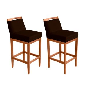 Kit 2 Banquetas Alta Lyara em Madeira Maciça com Encosto Estofada Marinho Móveis Banqueta Lyara Marr