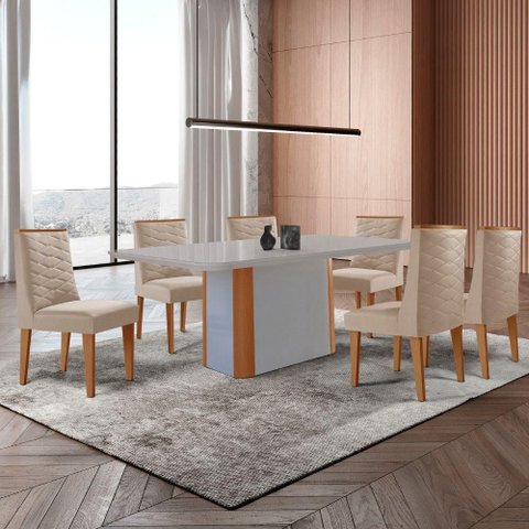 Mesa de Jantar Isadora 180cm Tampo MDF Vidro com 6 Cadeiras Veludo Creme Off White Naturale
