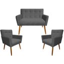 Ver imagem 1 de Kit Namoradeira + 2 Poltronas Decorativa Onix Suede Cinza Pés Madeira Mz Decor