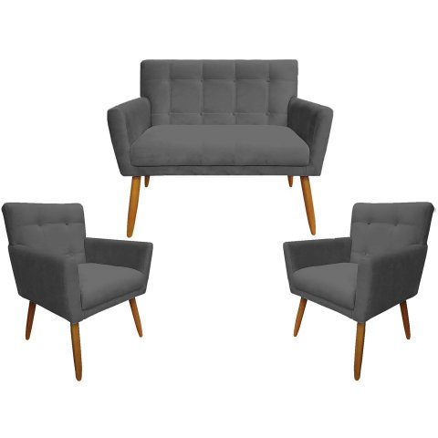 Kit Namoradeira + 2 Poltronas Decorativa Onix Suede Cinza Pés Madeira Mz Decor