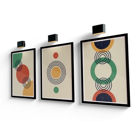 Trio de Quadros Decorativos Geométrico Linhas e Anéis -40x60 -sala-quarto com Moldura