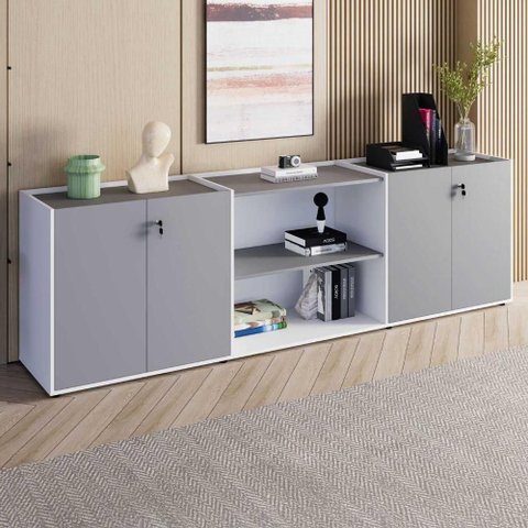 Armário para Escritório F5 4 Portas 2 Prateleiras MDP 240cm Cinza Sagrado com Branco F5 Office