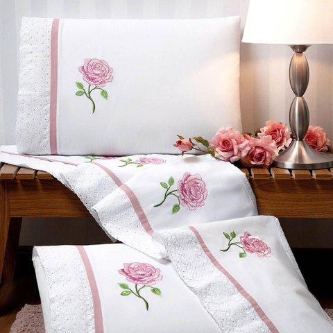 Jogo de Lençol Yonara Queen 4 Peças Percal 180 Fios Bordado Floral Branco 100% Poliéster