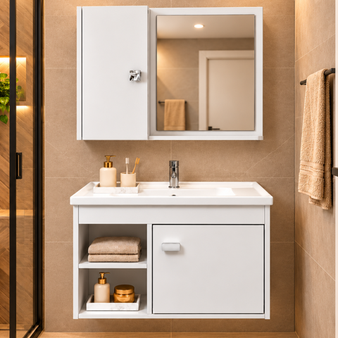 Kit de Banheiro Gabinete com Cuba + Espelheira Suspensa com Espelho Cannes - Branco