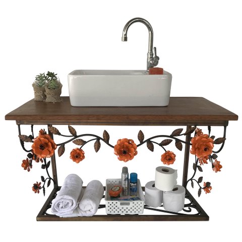 Bancada de Madeira e Ferro com Rosas em Verniz Para Banheiros Libertas Rosas Artesanato Bancada Rosa