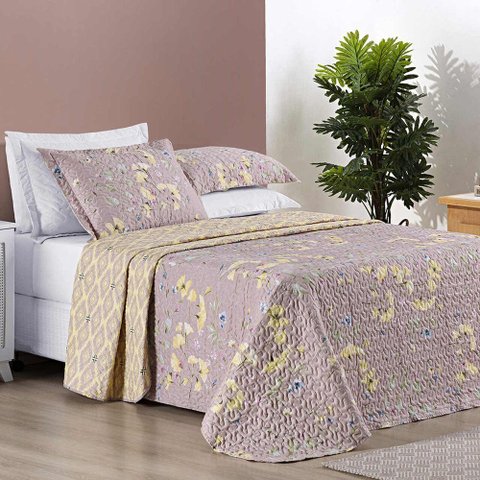 Colcha Ayla Casal Queen Tecido Dupla Face Microfibra 03 Peças - Lavanda Floral
