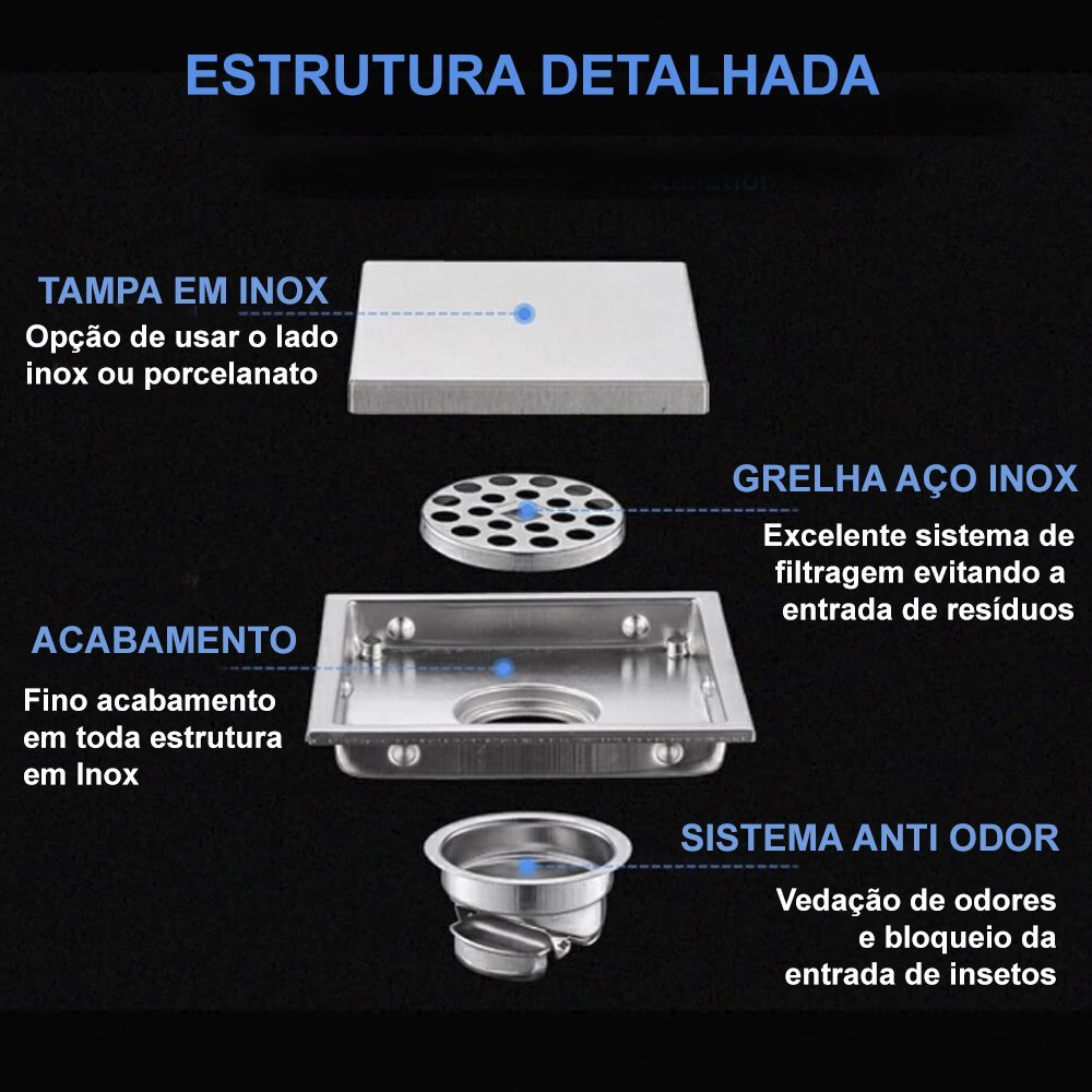 Ralo Invisível Tampa Oculta Aço Inox 304 Anti Odor 10x10cm - 3