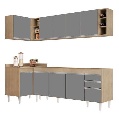 Armário de Cozinha Modulado de Canto Direito 5 Peças Cp43 Balcão sem Tampo Castanho/cinza - Lumil Lu