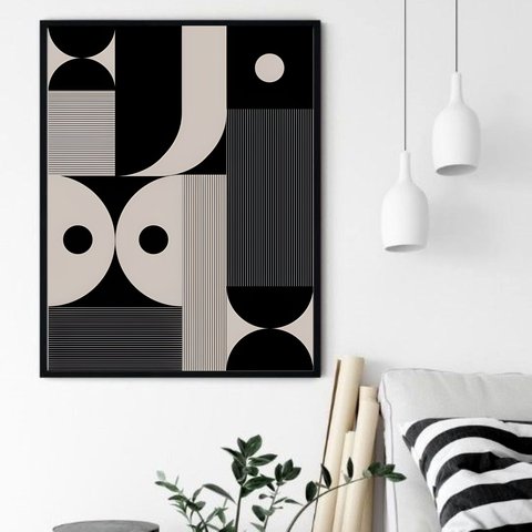 Quadro Decorativo Abstrato Preto Bege - 70x50cm:moldura Preta