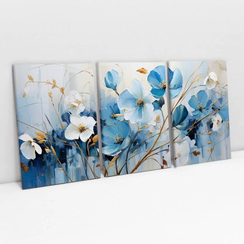 Kit Quadro Decorativo 3 Telas Canvas Flores Azuis em Traços de Ouro Tacolado Borda Infinita 60 X 90c
